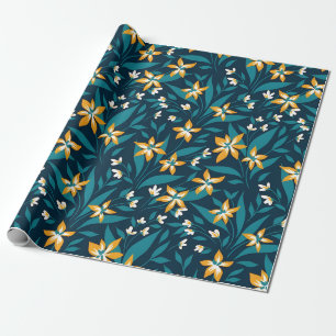 Papel De Presente Padrão de Flor Amarela Elegante em Folhas Verde Es