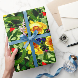 Papel De Presente Padrão de Flor Amarelo Brilhante