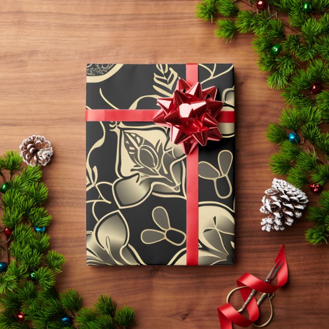 Papel De Presente Padrão de Flor Árabe Escuro (Presente de Natal)
