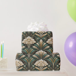 Papel De Presente Padrão de Flor Art Déco Esmeralda Dourada