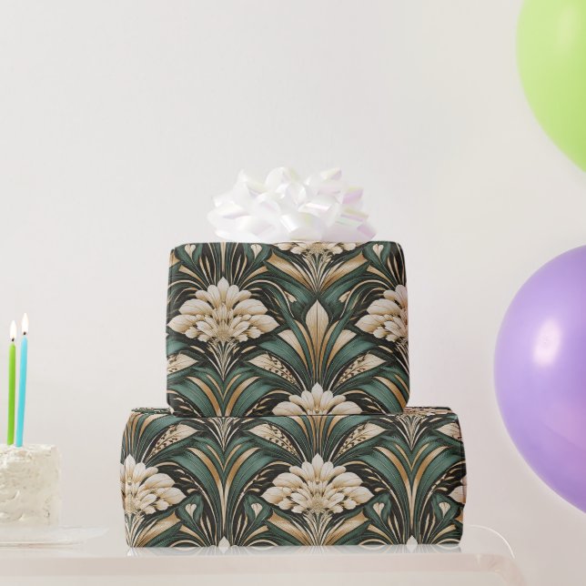 Papel De Presente Padrão de Flor Art Déco Esmeralda Dourada (Presentes para festas)