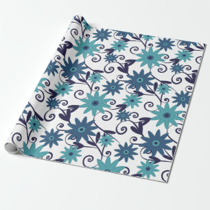 Papel De Presente Padrão de Flor Azul-Turquesa Elegante