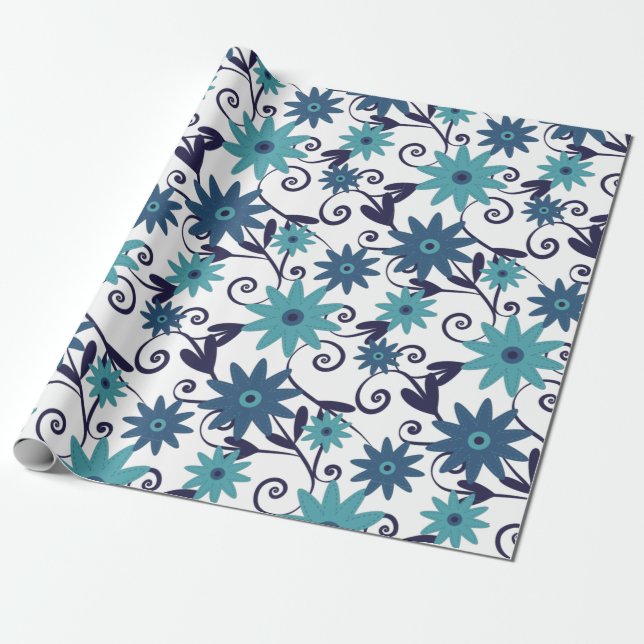 Papel De Presente Padrão de Flor Azul-Turquesa Elegante (Desenrolado)