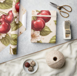 Papel De Presente Padrão de Flor de Cerejeira Vintage Cerejas Vermel