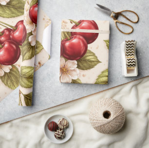 Papel De Presente Padrão de Flor de Cerejeira Vintage Cerejas Vermel