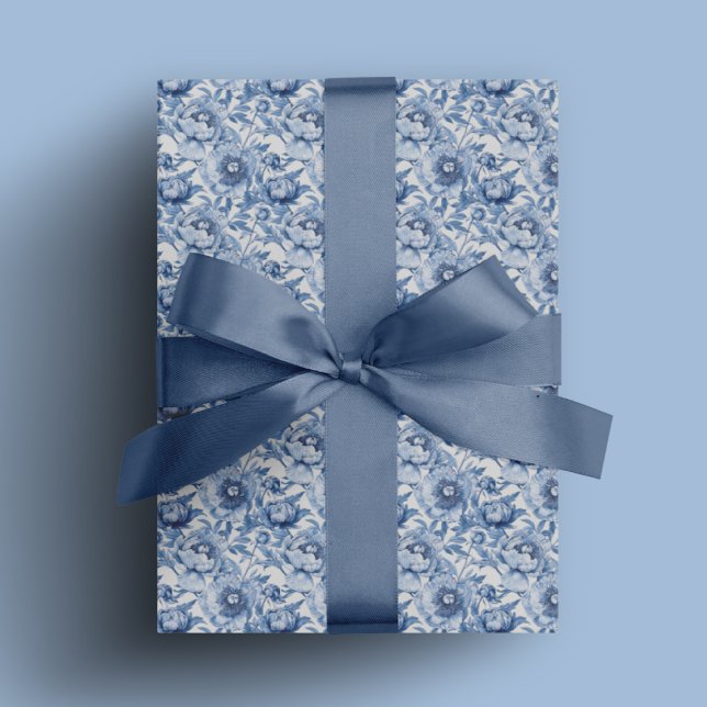 Papel De Presente Padrão de Flor de Chinoiserie Floral Azul Botânico (Botanical Blue Floral Chinoiserie Flower Pattern Wrapping Paper)
