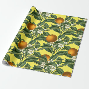 Papel De Presente Padrão de Flor de Fruta de Laranja Botânica Vint