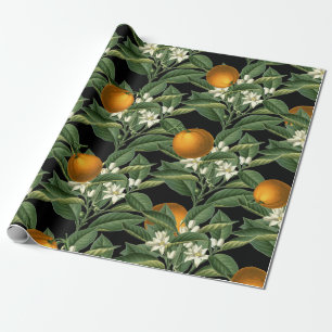 Papel De Presente Padrão de Flor de Fruta de Laranja Botânica Vint