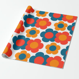 Papel De Presente Padrão de Flor de Hippie Laranja Azul de Pré-Disqu