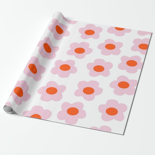 Papel De Presente Padrão de Flor de Hippie Vermelho Pink (Desenrolado)