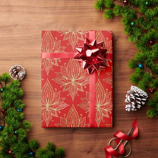 Papel De Presente Padrão de flor de lótus Dourado vermelho Elegante (Presente de Natal)