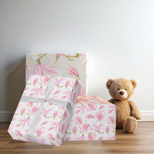 Papel De Presente Padrão de Flor de Magnólia Rosa Elegante em Aquare
