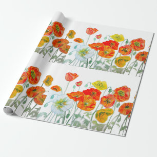Papel De Presente Padrão de Flor de Papoula Vermelha Laranja Aquarel