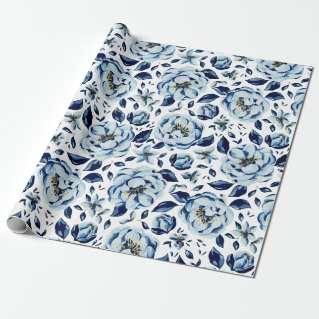 Papel De Presente Padrão de Flor de Peônia Azul Aquarela (Desenrolado)