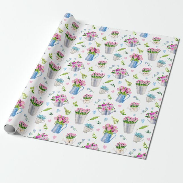 Papel De Presente Padrão de Flor de Primavera em Aquarela Fofa Feliz (Desenrolado)