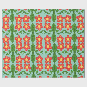 Papel De Presente Padrão de Flor e Folha de Arte Popular Vermelha Pe
