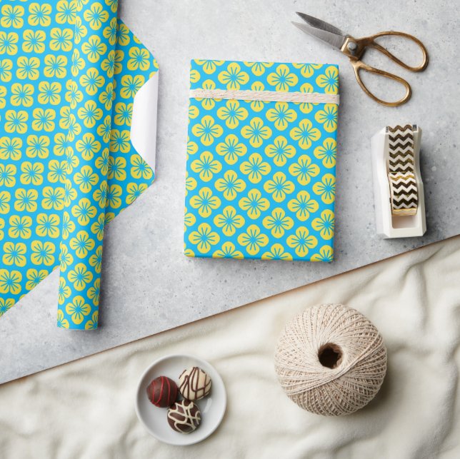 Papel De Presente Padrão de Flor em Amarelo e Turquesa (Artesanato)