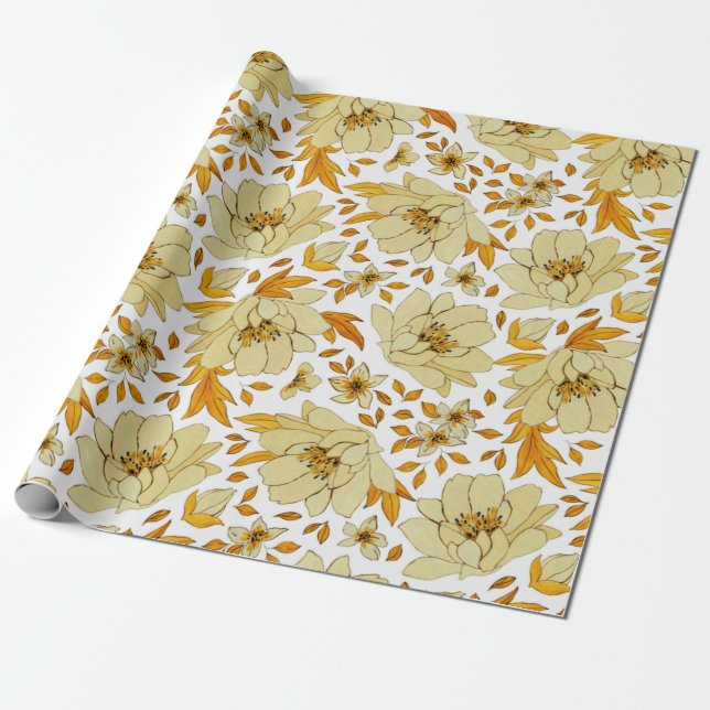 Papel De Presente Padrão de Flor Laranja Amarelo de Aquarela (Desenrolado)
