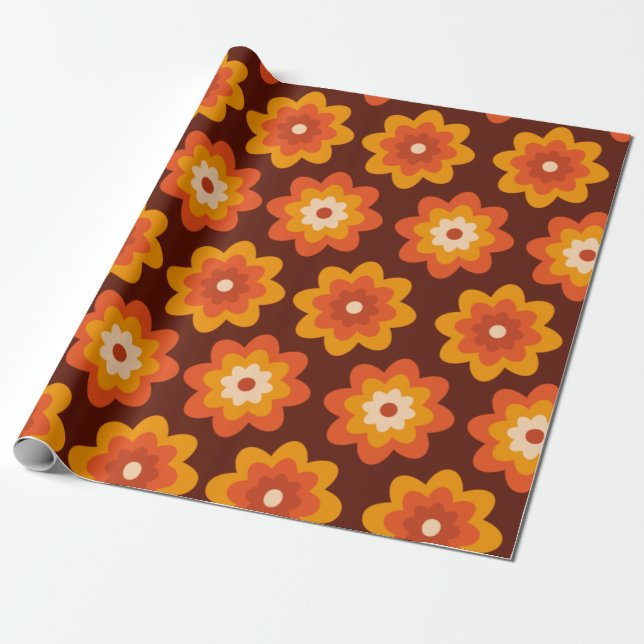 Papel De Presente Padrão de flor laranja boho hippie retrô dos anos  (Desenrolado)