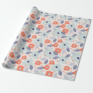 Papel De Presente Padrão de Flor Moderno Laranja e Azul