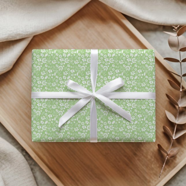 Papel De Presente Padrão de Flor Primavera Verde Moderno (Modern Girly Light Green Spring Flower Pattern Wrapping Paper)