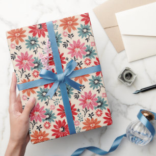 Papel De Presente Padrão de Flor Retroativo Vermelho Laranja Azul