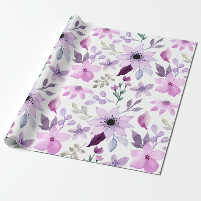 Papel De Presente Padrão de Flor Rosa e Roxa Elegante (Desenrolado)