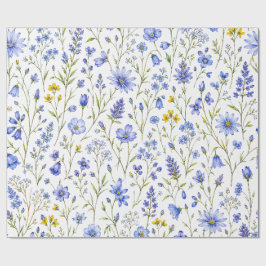 Papel De Presente Padrão de Flor Silvestre Aquarela Azul Amarelo Ver