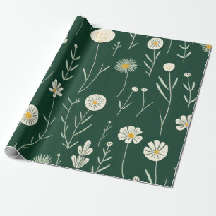 Papel De Presente Padrão de Flor Silvestre Elegante em Verde Escuro
