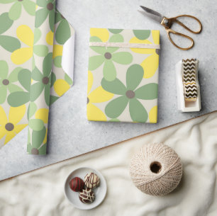 Papel De Presente Padrão de Flor Verde Amarelo Retroativo Y2K 70s
