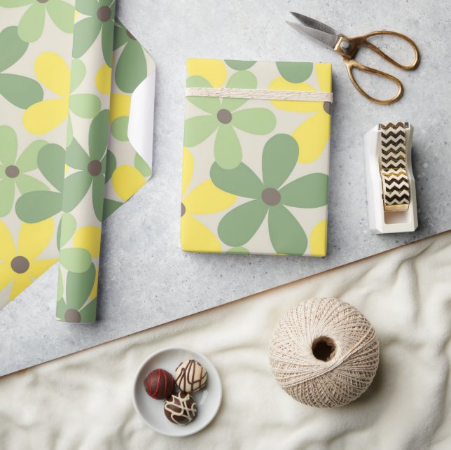 Papel De Presente Padrão de Flor Verde Amarelo Retroativo Y2K 70s (Artesanato)