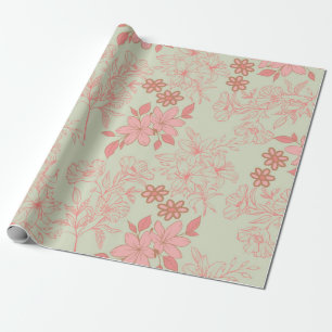 Papel De Presente Padrão de Flor Verde Cor-de-Rosa Y2K 70s