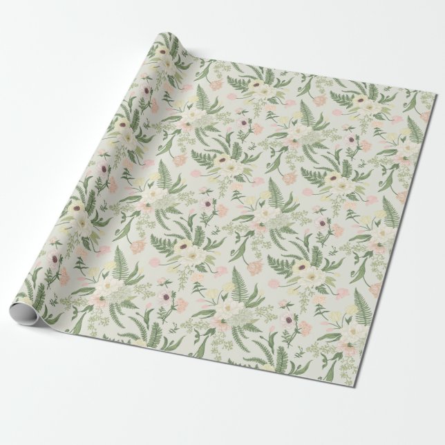 Papel De Presente Padrão de Flor Verde do Jardim de Casa Molhada (Desenrolado)