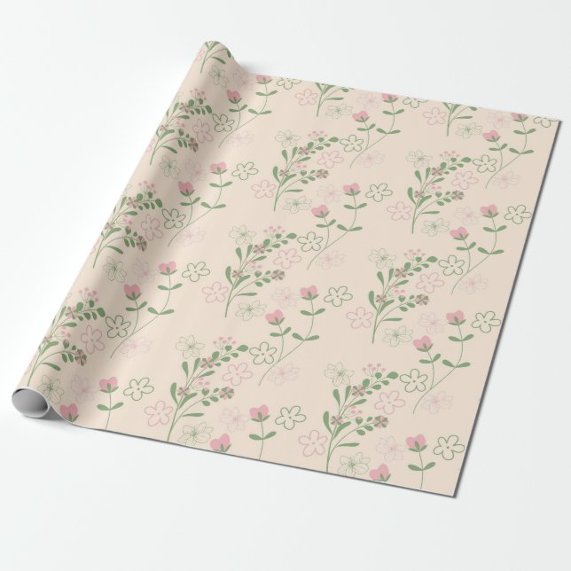 Papel De Presente Padrão de Flor Verde Rosa Y2K 70s Rosa Verde (Desenrolado)