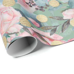 Papel De Presente Padrão de flor vintage com bolinhas douradas e ros