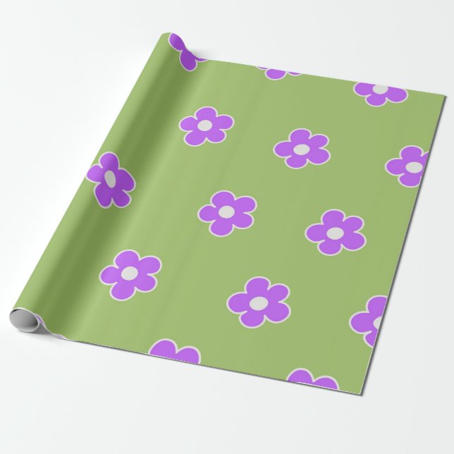 Papel De Presente Padrão de Flor Y2K Retro Roxo Verde (Desenrolado)
