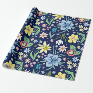 Papel De Presente Padrão de flores amarelas e azuis