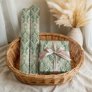 Papel De Presente Padrão de Flores Botânicas Vintage Verde e Bege