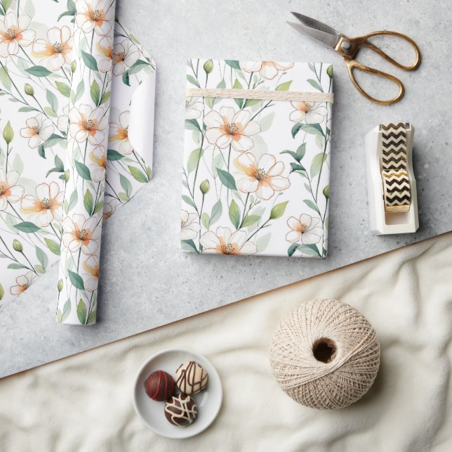 Papel De Presente Padrão de Flores Brancas Arejadas Primavera Floral (Artesanato)