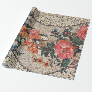 Papel De Presente Padrão de flores brancas laranja vermelho-vivo