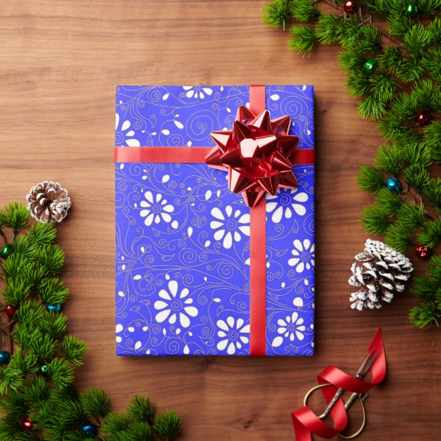 Papel De Presente Padrão de flores clássicas azul branco fofo (Presente de Natal)