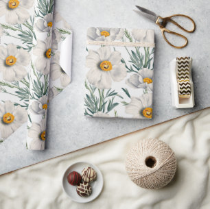 Papel De Presente Padrão de Flores de Árvore da Califórnia Branca