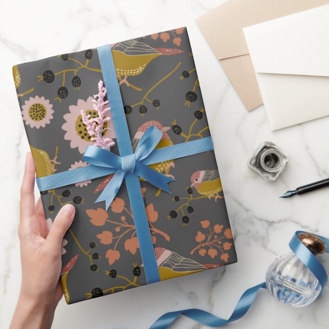 Papel De Presente Padrão de Flores de Berries Pretos Dourados Rosa-R (Presentear)