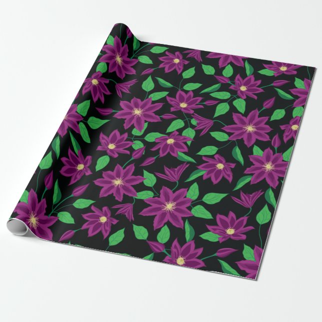 Papel De Presente Padrão de flores de clematite roxa (Desenrolado)