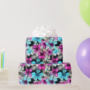 Papel De Presente Padrão de Flores de Cor-de-Água Preta Azul Cor-de-
