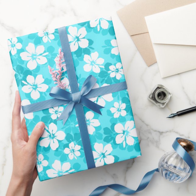 Papel De Presente Padrão de Flores de Hibisco Branco Tropical Azul (Presentear)