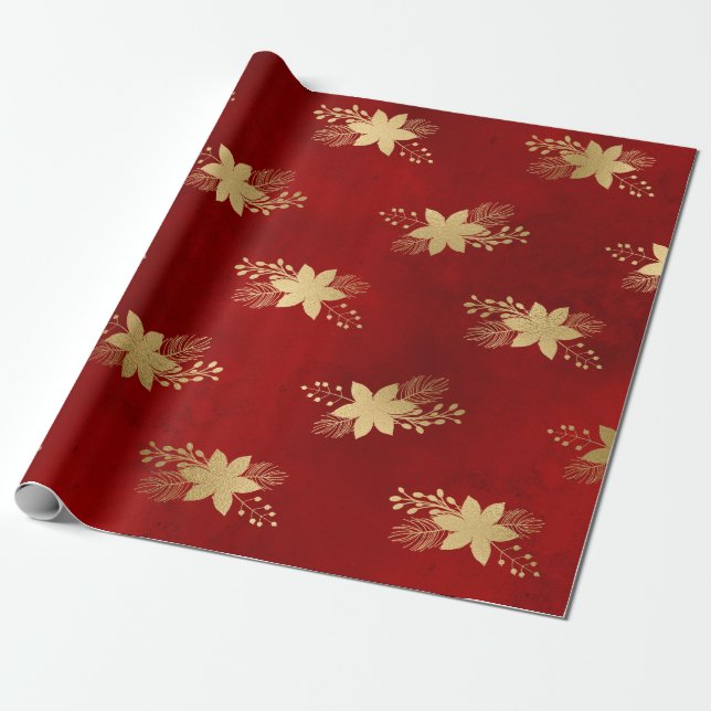 Papel De Presente Padrão de flores de Natal para vermelho e ouro (Desenrolado)