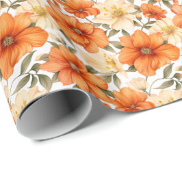 Papel De Presente Padrão de Flores de Outono Russo de Laranja Vintag