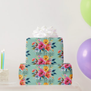 Papel De Presente Padrão de Flores em Aquarela Floral Moderno e Br