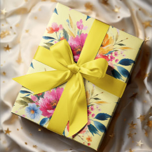 Papel De Presente Padrão de Flores em Aquarela   Floral Moderno e Br